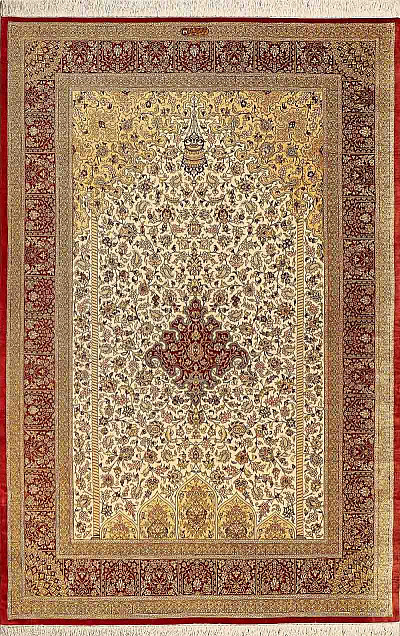Ковёр 1,35х1,96 Ghom Mehrabi (ORIGINAL) JAMSHIDI 236474 1млн.уз шёлк осн.шёлк cream/red Иран